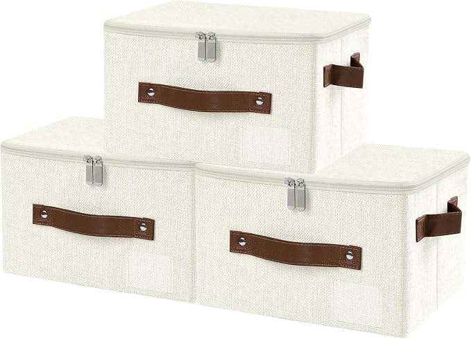 ANMINY Small Fabric Storage Box Bins with Zipper Lid, Washable Beige, 3PCS | Cotton Linen Fabric, PP Board Frame, Label Holder, Stackable & Foldable, PU Handles, Dual-Zipper 3-Side Open Lid