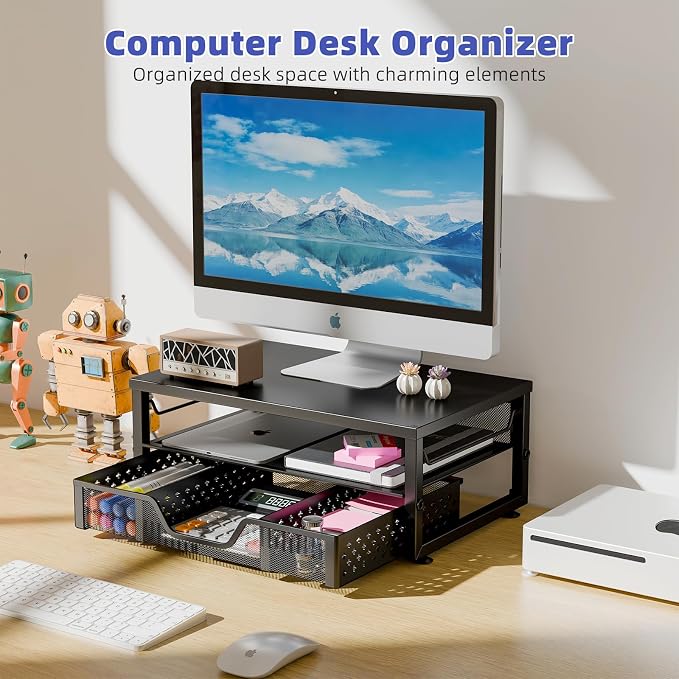 Simple Trending Desk Organizer and Accessories, 2-Tier Computer Monitor Stand Riser with Drawer, Office Desk Accessories & Workspace, Laptop & Printer Stand for Desktop, Black