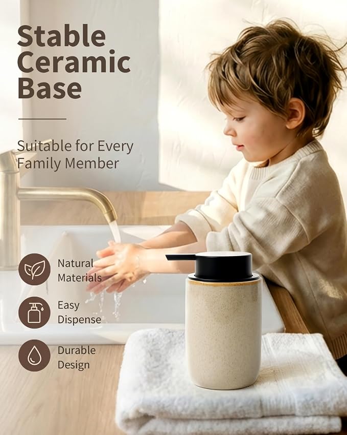 BosilunLife Lotion Pump Dispenser for Bathroom, Kitchen, Countertop | Hand Soap Dispenser Bathroom Ceramic Dish Liquid Soap Dispenser (Greige with Speckle, Liquid Pump)