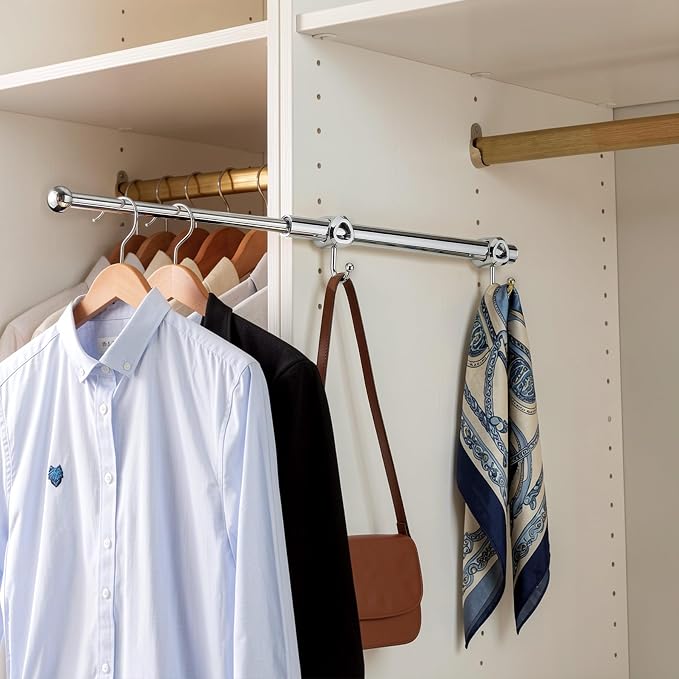 Valet Rod for Closet Pull Out with Hooks, Easy To Install (Chrome, 12 Inch)