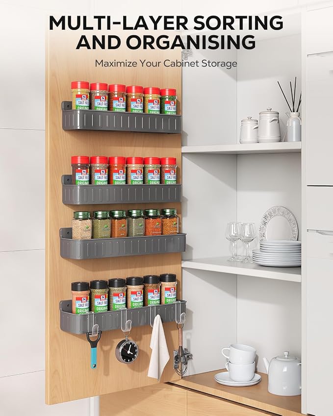 Nieifi Spice Rack Wall Mount, 4 Pack, Grey, 2 Inch Depth, Screw or Adhesive Installation, Spice Rack Organizer for Small Spice Jars, Suitable for Kitchen Cabinet or Pantry Door