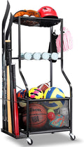 EXTCCT Sports Equipment Garage Organizer - Rolling Ball Storage with wheels, 3-Tier Sports gear Storage Rack Indoor & Outdoor Balls Cart with Hooks for Home, Garage (Black)