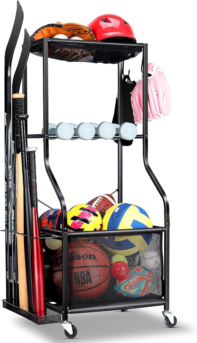 EXTCCT Sports Equipment Garage Organizer - Rolling Ball Storage with wheels, 3-Tier Sports gear Storage Rack Indoor & Outdoor Balls Cart with Hooks for Home, Garage (Black)