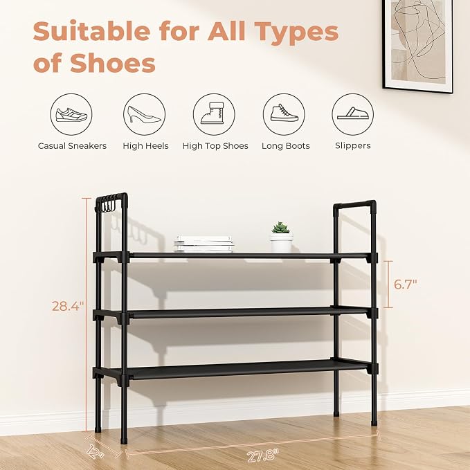 LANTEFUL 3 Tier Shoe Rack for Closet, Shoe Organizer with 5 Hooks, Long Shoe Shelf Storage for Sneaker and Boot Stackable Free Standing Shoe Rack for Entryway, Garage, Small Spaces, Dorm (Pack of 2)