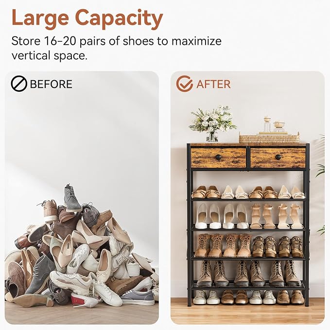 Shoe Rack for Entryway, 5 Tier Shoe Organizer with 2 Non-woven Drawers, Metal Storage Shoe Shelf for 16-20 Pairs of Shoes, with Wooden Top and Steel Frame, Shoe Stand for Closet Rustic Brown