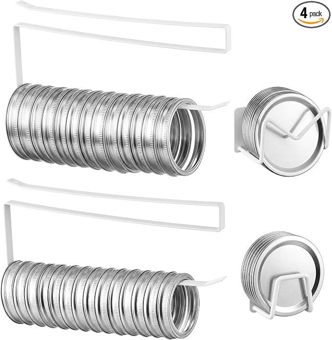 Dreyoo 4 Pcs Mason Jar Lid Organizer, Canning Jar Lids & Rings Holder | Holds Up to 38 Lids and 34 Rings, Come With Adhesive-Backed,Easy to Slide-On Cabinet, Stainless Steel and Iron (White)