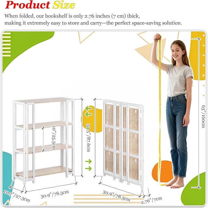 UDD 4 Tier Wide Folding Bookshelf No Tools Assembly, 34.5" H x 30.9" W, Foldable Book Shelf Vintage Collapsible Bookcase, Industrial Storage Shelves for Bedroom Office Living Room, Light Oak White