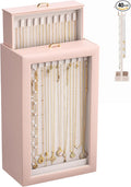 Lolalet Upgraded Double-Sided Hanging Necklace Organizer Box, Jewelry Display Case with Double-Sided Clear Window for Necklaces Bracelets, Tangle-Free Necklace Storage Box, Pink, 2-Layer 40 Hooks