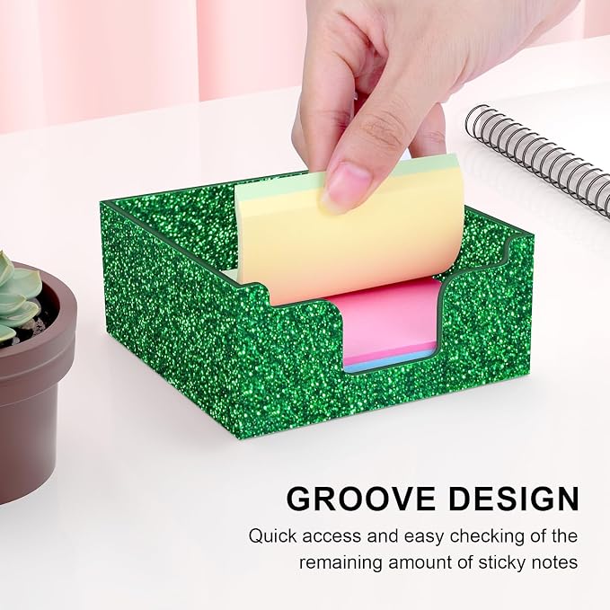 Rouidr Acrylic Sticky Note Holder, Self Stick Note Pad Holder, Bright Green | 3.94 x 3.94 Inch Glitter Memo Pad Dispenser Organizer for School Office Home Desk Supplies