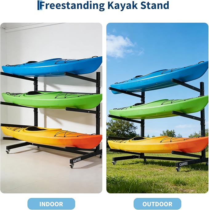 Freestanding Kayak Storage Rack with Wheels, Adjustable Kayak Racks for Garage and Outdoor, Heavy Duty Kayak Stands for Canoes, Kayaks, SUP and Surfboards