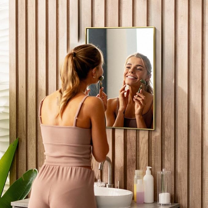 Head West Nordic Gold Stainless Steel Metal Framed Wall Mounted Vanity Mirror, Accent Decorative Mirrors for Wall Decor, Bathroom Mirrors for Over Sink, Bedroom, Living Room Entryway Hallway 24"x30"