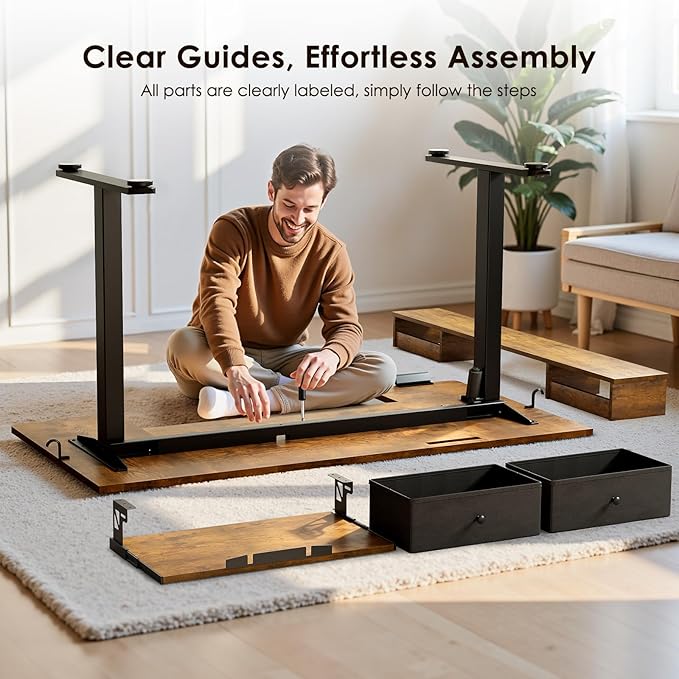 OffiGo 55 Inch U Shape Standing Desk, Keyboard Tray & Drawers, Rustic Brown | 3 Outlets & 2 USB Ports, Dual-Monitor Stand, 10 Colors & 10 LED Modes, 3 Presets, 28.3"-46.5"in Range, 154 lb Capacity