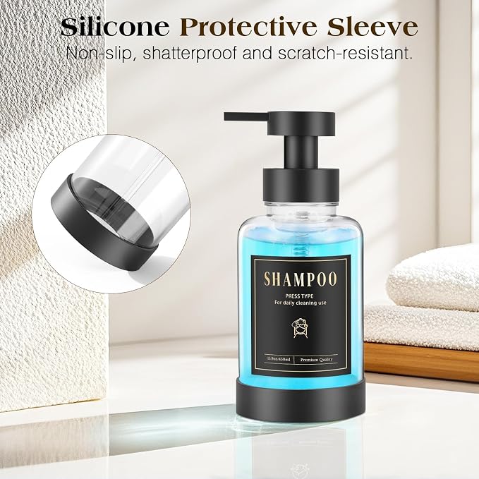 Luxspire Foaming Soap Dispenser, Glass Foam Pump Soap Dispenser, Non-Slip Hand Soap Bottle with 5 Waterproof Labels, 15 Oz Refillable Liquid Soap Bottle for Bathroom & Kitchen, Clear, 1 Pack