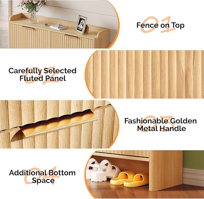 VINGLI 43.5" Large Oak Fluted Shoe Storage Cabinet with 4 Flip Drawers, Slim Entryway Shoe Organizer with Unique Curved Side Panels, Natural Wood Shoe Rack for Hallway, High Capacity Hidden Shoe Shelf