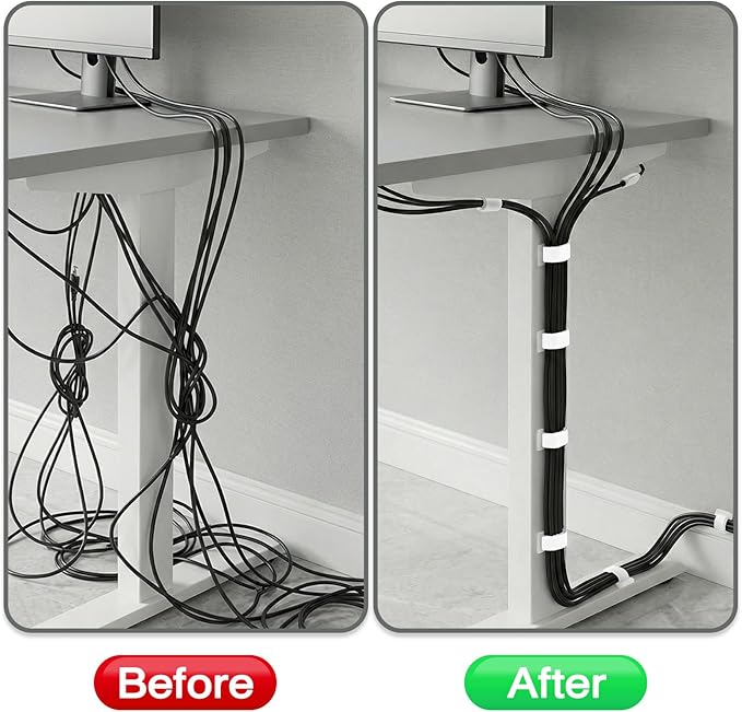 Cable Management Under Desk,Detachable Cable Management,Adjustable Hook and Loop Cable Ties,Reusable Cable Management Under Desk,Cable Clips Under Desk,20Pack(White)