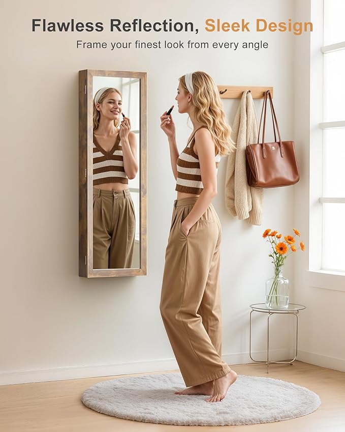 Nicetree 6 LEDs Mirror Jewelry Cabinet, Door/Wall Mounted Jewelry Armoire with Full Length Mirror, Lockable Jewelry Organizer with Storage,Large Capacity, Rustic Brown