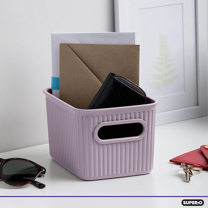 Superio Ribbed Collection - Decorative Plastic Basket Open Home Storage Bins Organizer, Small Lilac Purple (6 Pack) Container Boxes for Organizing Closet Storage Bins for Shelves 1.5 Liter