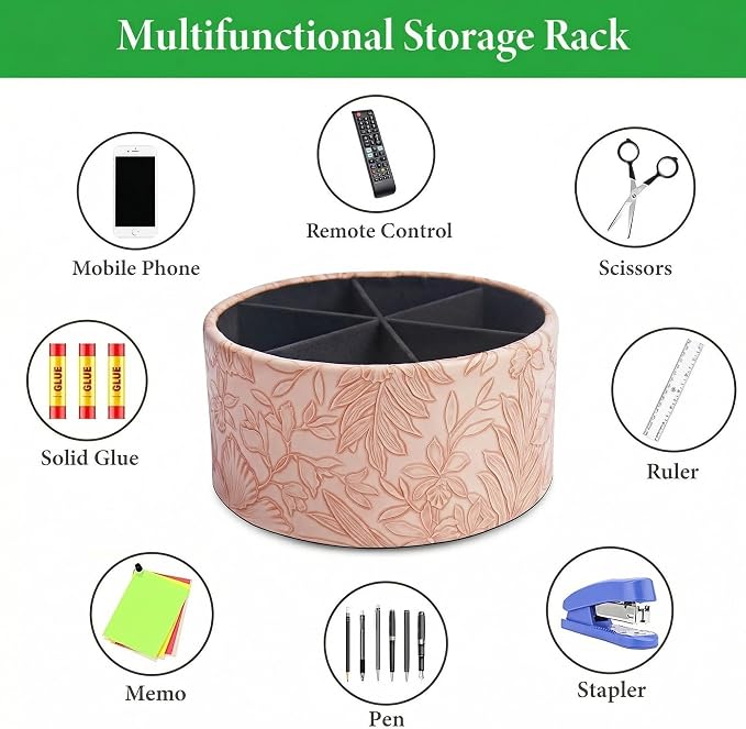 Remote Control Holder, 360°Spinning PU Leather Desk TV Remote Caddy,Desk Storage Box Room Accessories for Controller, Media,Mail,Calculator, Mobile Phone,Pencil(1-Carved Pink)