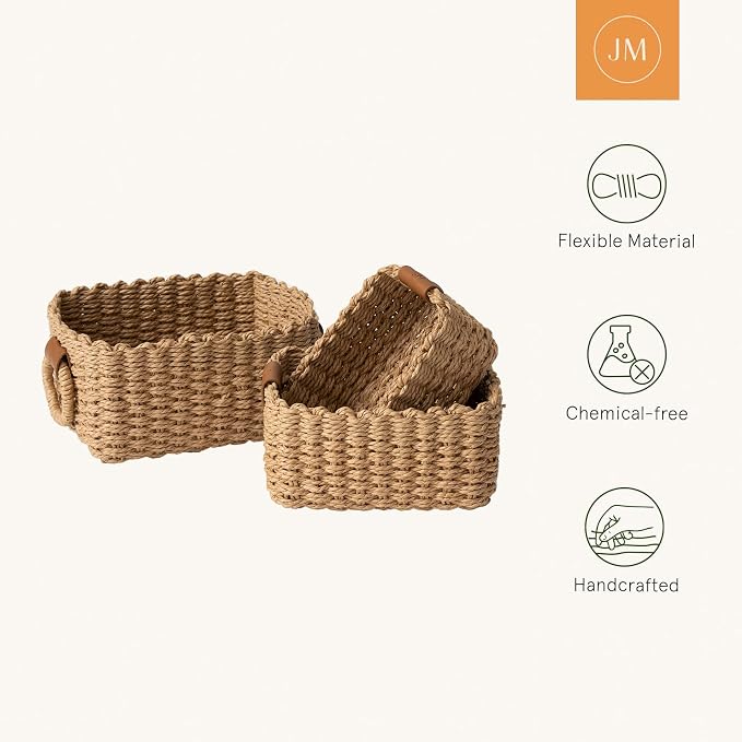LA JOLIE MUSE Small Wicker Baskets, 3 Pack Paper Rope Storage, Desert | Decorative Small Baskets, Faux Leather Tag, Round Handle, Organizer for Shelves Bedroom Kitchen Office