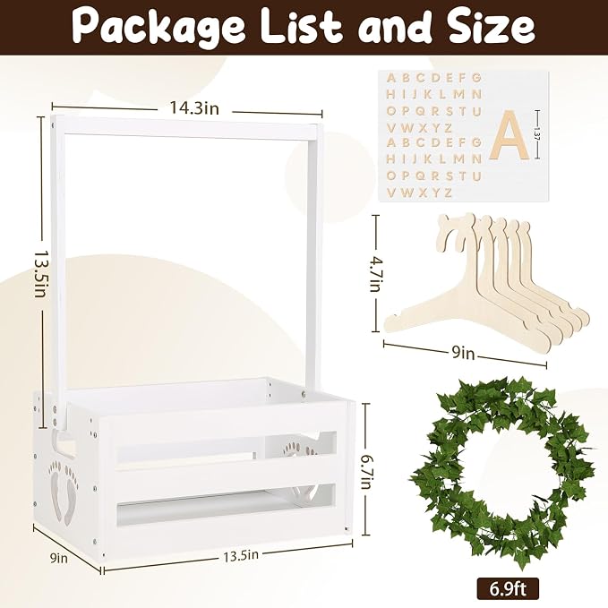 Baby Shower Gifts Basket Wooden Crate, Personalized Wooden Letters and Clothes Hangers New Born Baby Girl Boy Gifts Vine Decorations Cute Closet with Handle Pregnancy Gifts for New Mom Parents White