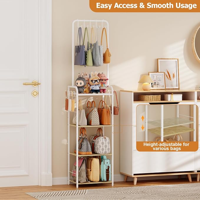 Tall Purse Organizer Stand with 3-Tier Thick Wood + 1-Tier High-Density Mesh, Adjustable Interchangeable, Slim Narrow Freestanding Handbag Rack with 5 Large & 6 Side Hooks, Closet Bag Storage White