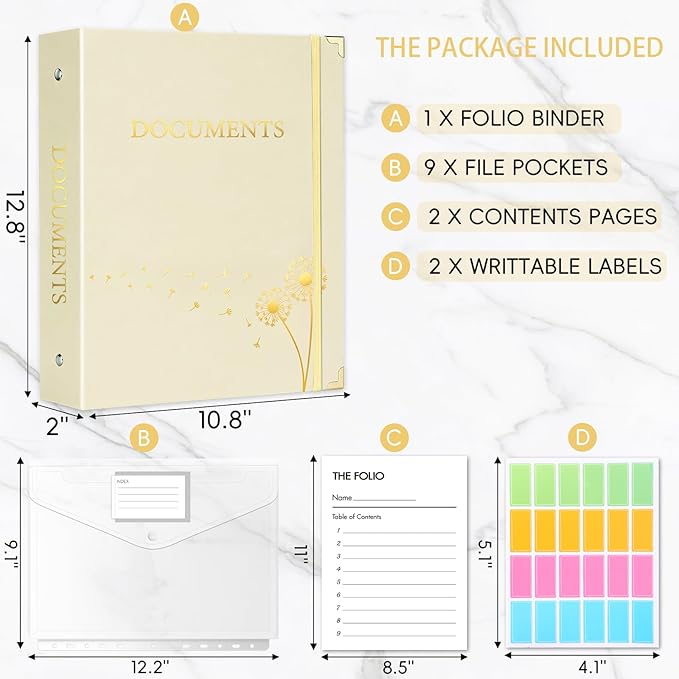 XKDOUS Important Document Organizer Emergency Binder Life Organizer Folio Folders with 9 Pockets Expanding File Storage Holder for Papers, Letters, Cards, Bills, Passports, Photos