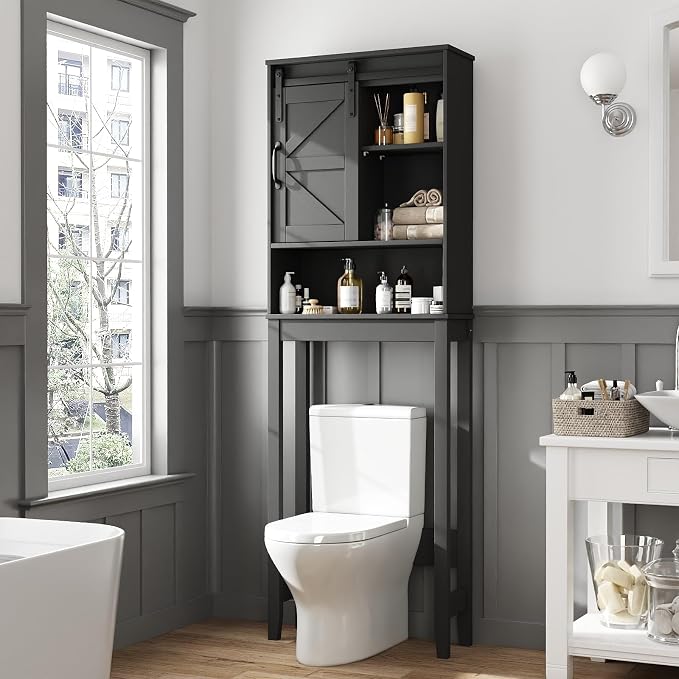 Over The Toilet Storage Cabinet, Bathroom Organizer with Adjustable Shelves and Anti-Tip Device, Space-Saving Storage Solution, Black