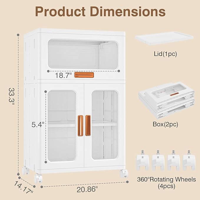 VECELO 2-Tier Stackable Storage Bins with Lids, Collapsible Bins with Drawer and Movable Wheels, Adjustable Shelves, Anti-Tip, for Bedroom, Living Room, Kitchen, White