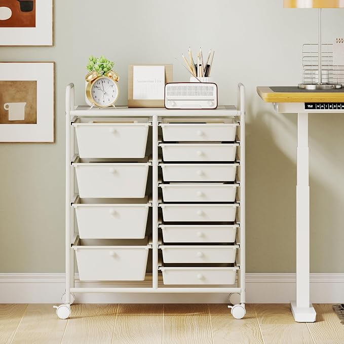 RELAX4LIFE 12-Drawer Rolling Storage Cart - Mobile Utility Drawer Carts | White Metal Frame & Drawers, Rolling Mobility Wheels; Craft Storage For Classroom School Home Office Utility Organization