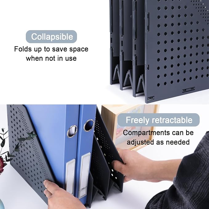 FRETONBA Collapsible Magazine File Holder, 3 Vertical Compartments | Foldable Space-Saving, Sturdy Plastic Binder Holder, Compact for Desk or Shelf, for Office & Home, Easy Access, Dark Gray