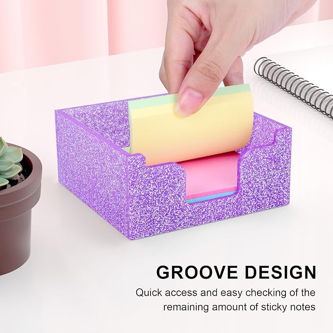 Rouidr Acrylic Sticky Note Holder, Self Stick Note Pad Holder, Purple | 3.94 x 3.94 Inch Glitter Memo Pad Dispenser Organizer for School Office Home Desk Supplies
