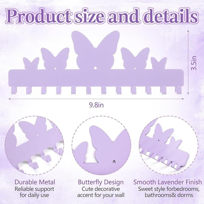 Hicarer 2 Pack Purple Butterfly Necklace Holder Wall Mount with 24 Hooks Adhesive Metal Jewelry Organizer Gifts for Women Back to School Dorm Room Storage for Bracelets Necklace Keys