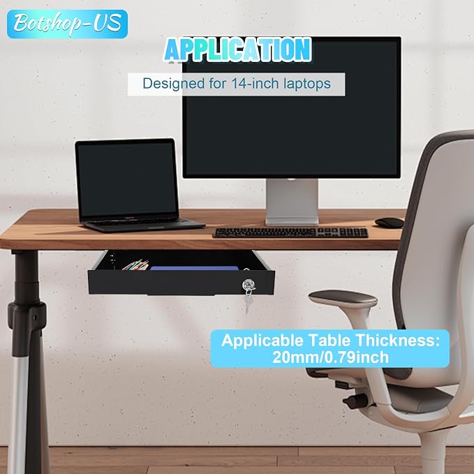 14" Under Desk Mounted Sliding Pull-out Drawer Organizer for Office - Lockable, Sit Stand Workstation, Black