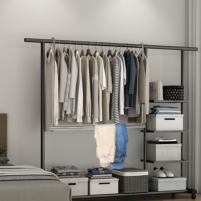 Closet Hanging Rod, Adjustable Width and Height Chrome | Space-Saving Clothes Hanging Bar，Heavy Duty Closet Hanging Organizer Closet Extender Hanging Rod Double Hanging Rod ,1 Pack