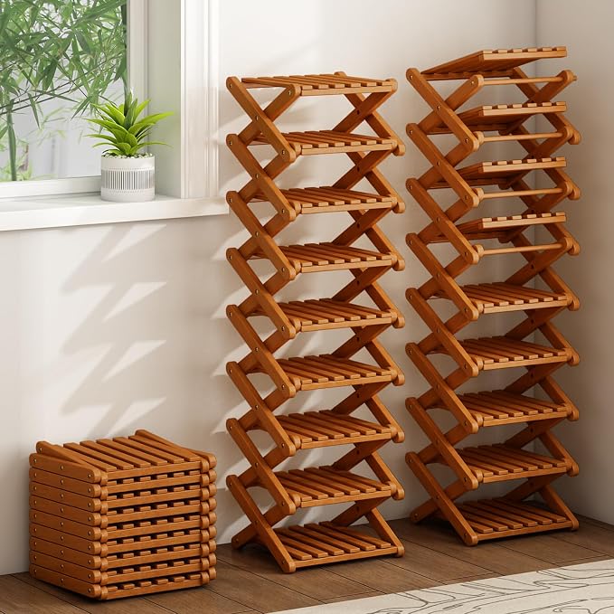 Bamboo Foldable Shoe Rack, 9 Tier Portable Shoe Storage Rack, Multi Functional Narrow Vertical Shoe Racks, Shoe Shelf for Entryway, Corner, Bedroom, Hallway, Balconies, Small Space