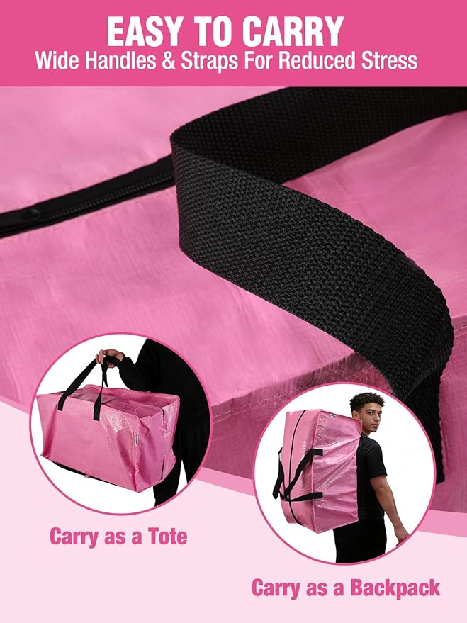 WORKPRO 2 Pack Extra Large Moving Bags with Zippers & Carrying Handles Backpack Straps, Heavy-Duty Storage Tote for Space Saving Moving Storage (Pink)