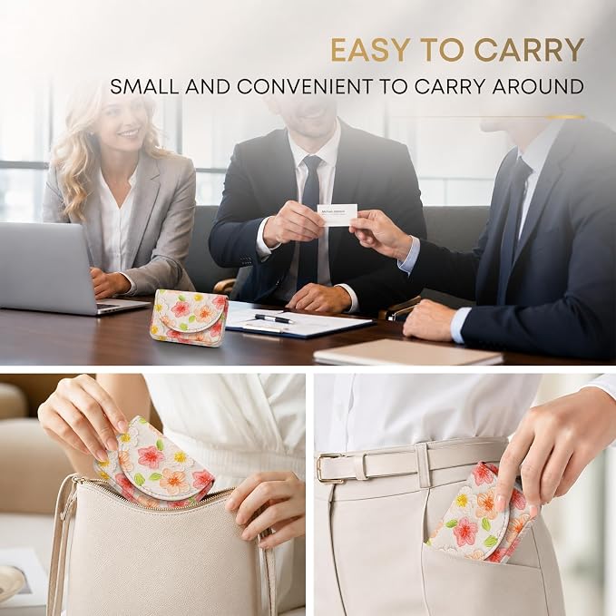 Business Card Holder，PU Leather Business Card Case Wallet Flowers | Pocket Travel Name Card Case for Men and Women Gift，Portable Magnetic Business Card Carrier for Purse