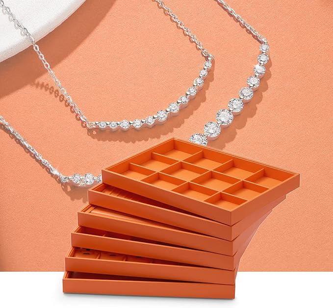 Oirlv Orange Leather Jewelry Organizer 24-Grid | Orange Pu Leather Exterior, Soft Microfiber Interior, Removable Dividers, Elegant Color for Display