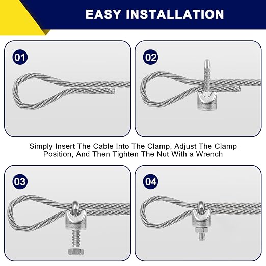 50 Pcs 5/16" M8 Wire Rope Clip Clamps Galvanized for Cable/Tent Rope | Galvanized iron, rust-proof, U-bolt & saddle, deep-thread, easy install, secures wire/rope for rigging/fences/guardrails