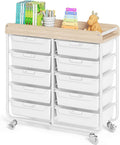 10-Drawer Rolling Cart, Art Cart with Wood Top & Side Handle, Multi-Purpose Craft Organizers and Storage with Lockable Wheels for Classroom, Dormitory, Craft Room and Art Supplies Organization(White)