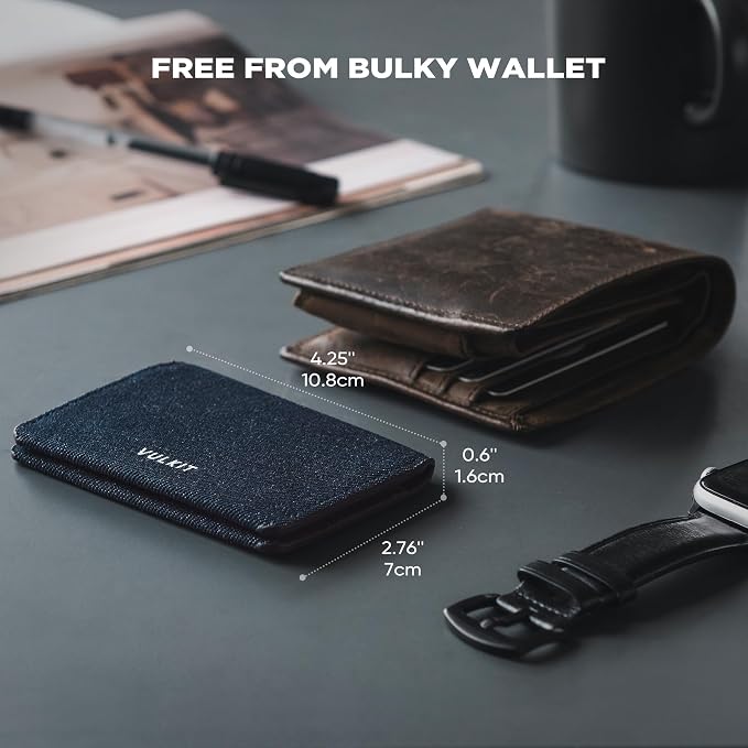 VULKIT Slim Minimalist Card Holder RFID Blocking Leather Credit Card Holder Front Pocket Wallet Magnetic Closure, Denim Blue