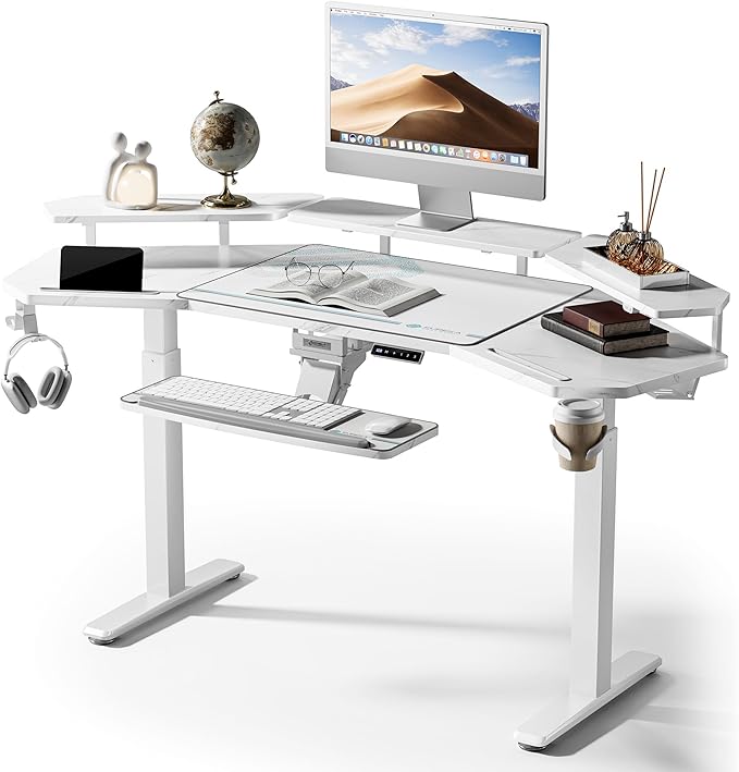 EUREKA ERGONOMIC Gaming Desk, w Keyboard Tray, 73" Wing Shaped Music Studio Table with LED Shelves, Gaming Recording Live Stream, Slot Design