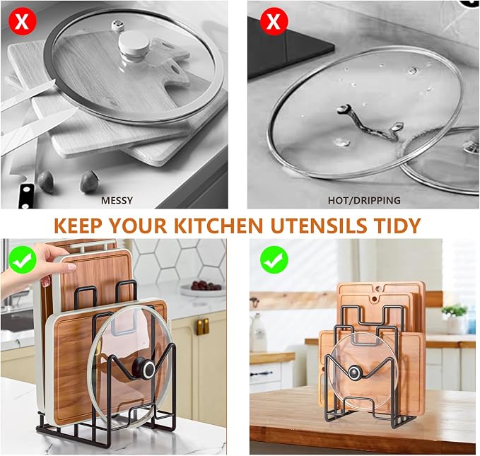 Multifunctional Cutting Board Organizer, Cutting Board Holder Rack Baking Cookie Pan Sheets Cooling Racks Storage Stand for Kitchen Cabinet -Divided Holder with 4 Slots (1PS Black)