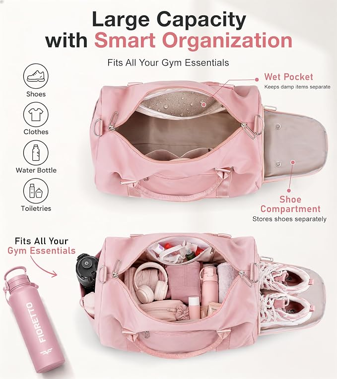 FIORETTO Womens Gym Tote Duffle Bag with Wet Pocket & Shoe Compartment, Sports Duffel Overnight Weekender Hospital Workout Carry on Bag for Girls, Ideal for Travel, Swimming, Dance, Ballet Pink