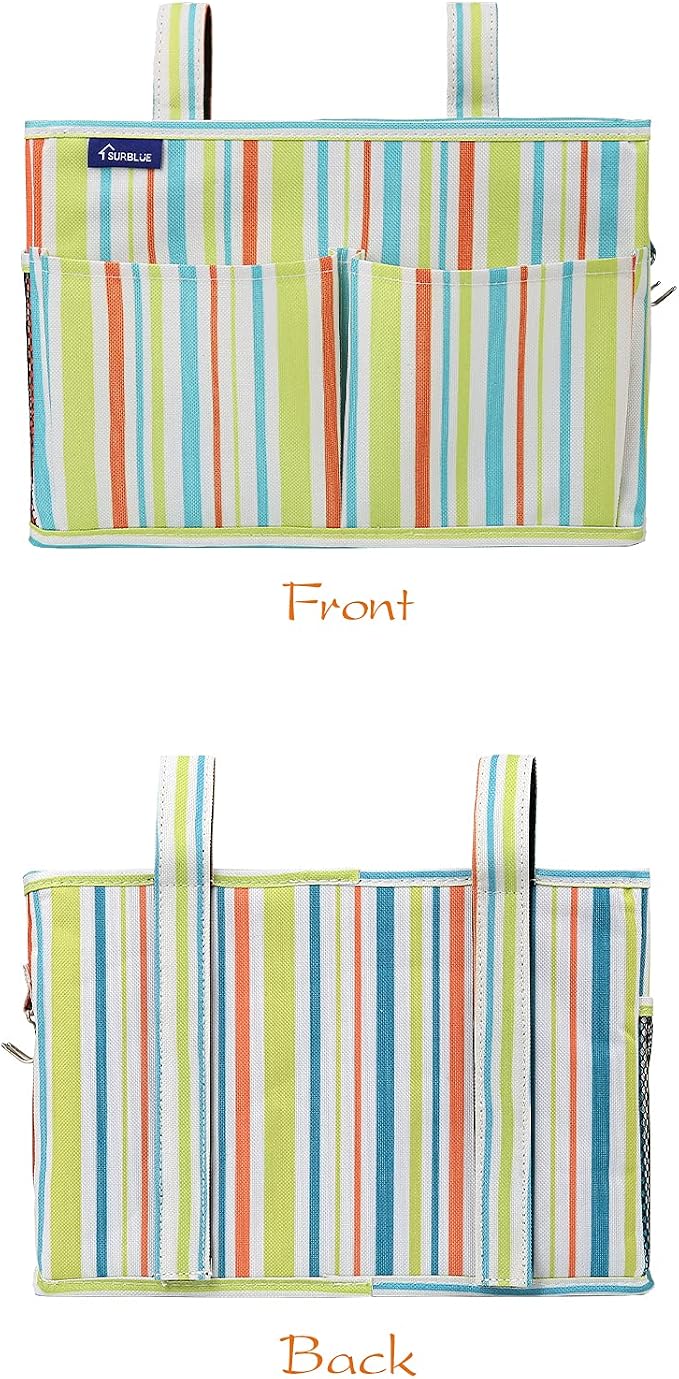 Surblue Bedside Caddy Hanging Bed Organizer Storage Bag Pocket for Bunk and Hospital Beds, College Dorm Rooms Baby Bed Rails,Wheelchair Side Bag,Camp Chiars,4 Pockets and 2 Hooks (Small GreenStripe)