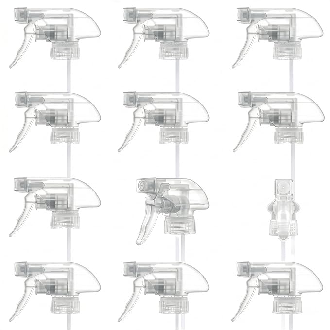 ALPENKOK 12Pack Spray Nozzle for Bottles, Trim-To-Fit Tube; Plastic (Clear) | Spray Bottle Nozzle Replacement; Fits 8 and 16 Oz; Trigger Sprayer with Mist, Stream & Off Modes; for Cleaning and Garden