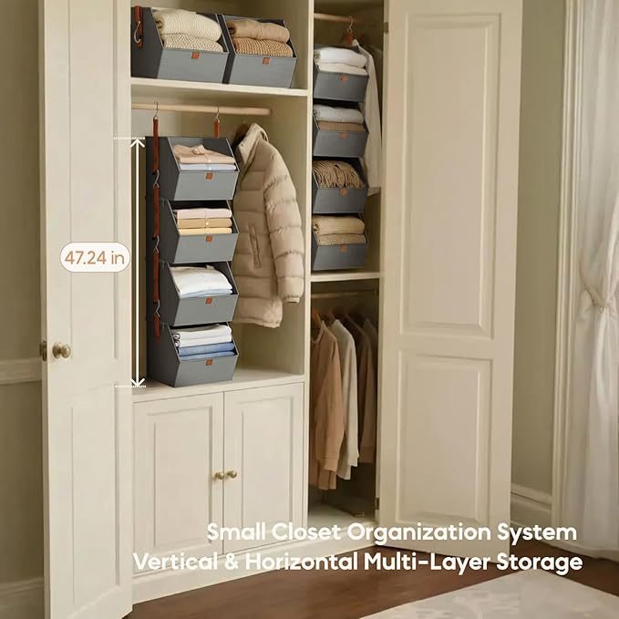 Homsorout Hanging Closet Organizer 4 Tier - Clothes Hanging Shelves, Space-Saving Closet System, Fabric Storage Bins Bedroom Organization, Collapsible Baskets for Home, Dorm, Rv, Grey, 8 Pack
