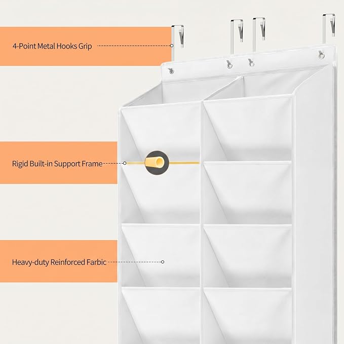 Yecaye 30 Pairs Over the Door Shoe Organizer, Large Capacity Hanging Shoe Rack for Door Hanger with Deep Pockets, Heavy Duty 10 Tier Shoe Holder for Sneakers Boots Heels College Dorm Essentials, White