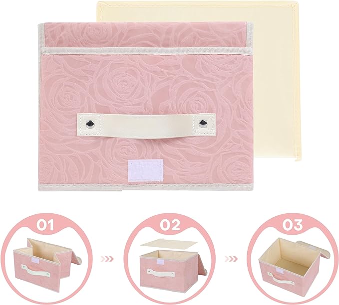 ANMINY 2PCS Fabric Storage Bin with Lid Rose Print Box Basket with PU Leather Handles Washable PP Plastic Board Decorative Foldable Lidded Shelf Cubes Closet Organizer Container - Pink, Small Size
