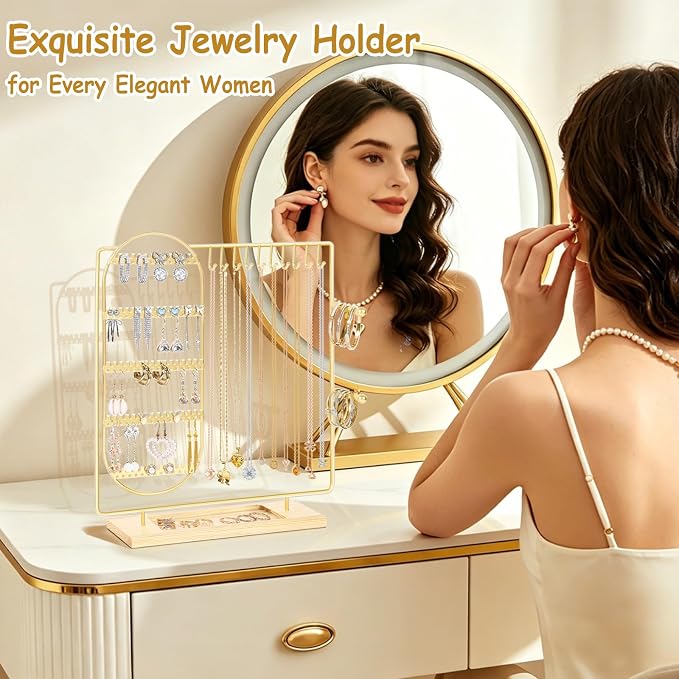 Jewelry Organizer Stand Jewelry Necklace Holder, 5-Tier Jewelry Organizers and Storage for Necklace Earring Bracelet Ring, Metal Jewelry Display Tree, Gifts Room Dorm Decor for Girls - Gold